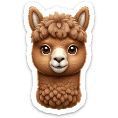Cinematic Cute Brown Alpaca Portrait Emoji, Head tilted playfully and inquisitively, featuring a plush, rich brown fleece with a natural sheen, round, sparkling warm eyes filled with curiosity, Simplified yet irresistibly adorable features, highly detailed, glowing with a warm, friendly glow, high shine, affectionate and gentle, stylized with a touch of whimsy, bright and endearing, soft glowing outline, capturing the essence of a mischievous yet loving alpaca, so playful it feels like it could prance out of the screen and into your arms! sticker