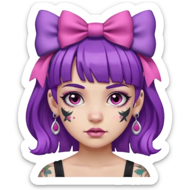 girl with bangs and purple hair and pink hairbow on the side of head and earrings and heavy face tattoos sticker