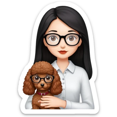 A beautiful girl with fair skin has long straight black hair with glasses and a miniature reddish-brown Poodle. sticker