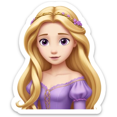 Cinematic Elegant Rapunzel Portrait Emoji, rendered in a realistic, vector-style with minimal shading and bold, simplified shapes. Depict Rapunzel (chest and above) with fair, porcelain skin, long, flowing golden hair cascading gracefully, and soft, gentle eyes, wearing her iconic light purple gown. The image glows with a soft, enchanting radiance and high shine, capturing timeless fairy-tale beauty. sticker