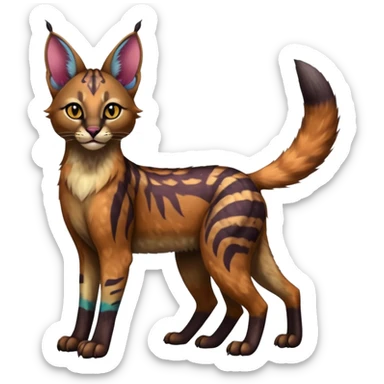 A Colorful exotic tropical tribal cute happy realistic esoteric patterned fluffy furry dark caracal-Lykoi-bobcat-sphynx-genet-civet-Fakémon-fursona-hybrid-fusion-animal-creature, full body, 4-legged sticker