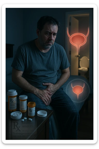 A middle-aged man sits on the edge of his bed in a dimly lit bedroom, looking exhausted and frustrated. On the nightstand beside him are several prescription pill bottles, loosely organized, some open — suggesting long-term medication use. In the background, the bathroom door glows softly, partially open, with a faint reflection of the toilet visible, indicating frequent nighttime trips. The man wears a loose T-shirt and pajama pants, his posture slightly curved as he gently touches his lower abdomen, symbolizing bladder discomfort. His eyes have dark circles, his expression is drained. The color palette is muted blues and greys, with a cinematic soft focus and ambient light highlighting emotional fatigue. A subtle overlay of pill labels and bladder imagery could be added for educational use. sticker