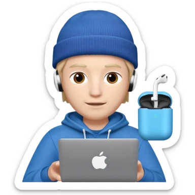 Apple Memoji–style 3D avatar of a young male with a beanie and AirPods, using a laptop, soft lighting, white background. sticker