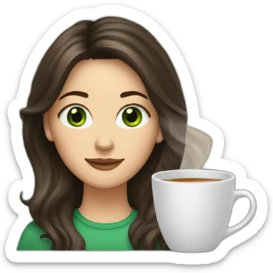White woman with long dark brown hair with highlights, green eyes and a big mug of tea sticker