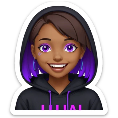 brown haired girl with a bob and blue eyes wearing black hoody with violet letters "Lu", laughs. Cyberpunk style. Violet neon. sticker