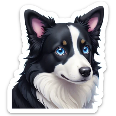 Cinematic Cute Black and White Border Collie Portrait Emoji, Head tilted playfully and inquisitively, with a sleek black and white coat and bright, sparkling blue eyes filled with curiosity, Simplified yet irresistibly adorable features, highly detailed, glowing with a warm, friendly glow, high shine, energetic and affectionate, stylized with a touch of whimsy, bright and endearing, soft glowing outline, capturing the essence of a mischievous yet loving pup, so playful it feels like it could bound out of the screen and into your arms! sticker