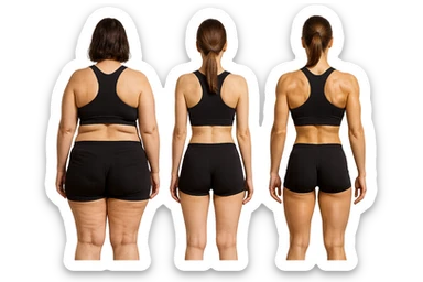 fai una donna di spalle in gym shorts leggermente sovrappeso e con cellulite e accanto una seconda donna di spalle magra (che è dimagrita post dieta) e accanto una terza donna in forma allenata e con le giuste proporzioni, l'immagine deve rappresentare il processo: da donna grassa, a donna piatta e magra, a donna allenata e in forma con i giusti muscoli, iperrealistico 4k sticker