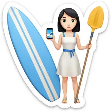 Princess who wearing white dress (woman) black hair holding her phone with her hand and holding long shovel with another hand. Under her feet, there is one blue surfing board. sticker