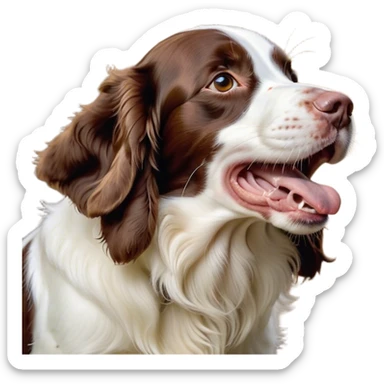 Cinematic Cute Yawning Springer Spaniel Portrait Emoji, Head tilted slightly with a dramatic, wide-open yawn, showcasing a smooth Fur of liver and white with crisp markings, floppy ears slightly drooping, round brown eyes barely open in drowsy contentment, Simplified yet irresistibly adorable features, highly detailed, glowing with a soft, cozy glow, high shine, relaxed yet expressive, stylized with a touch of whimsy, bright and endearing, soft glowing outline, capturing the essence of a sleepy yet affectionate companion, so drowsy it feels like it could stretch right out of the screen and curl up for a nap! sticker