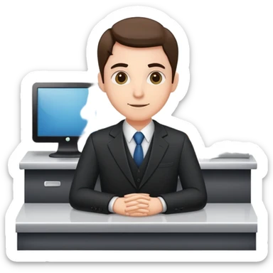 Professional bank clerk in formal attire standing behind a counter sticker
