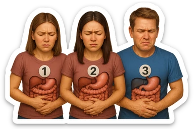 emoji stile iphone di 3 persone, due donne e un uomo, con intestino realistico e mal di pancia, sulle donne ci sono i numeri 1, 2 e sull'uomo il 3, iperrealistico 4k sticker