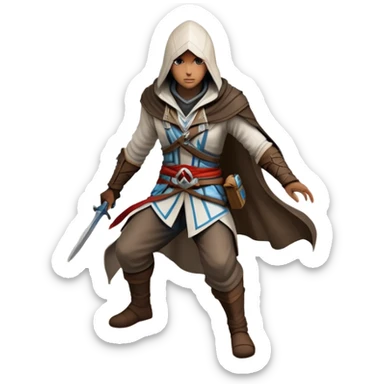 An icon representing an adventure game, inspired by Assassin's Creed. The design features a heroic character in hooded attire, scaling a tall building in a historical cityscape. The background shows ancient architecture and hidden symbols, symbolizing exploration and stealth. Transparent background  sticker