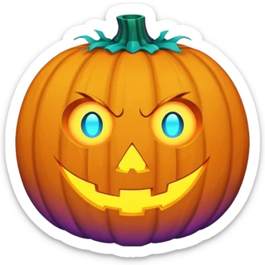 A futuristic glowing jack-o'-lantern face emoji, purple and cyan colors only, dark background sticker