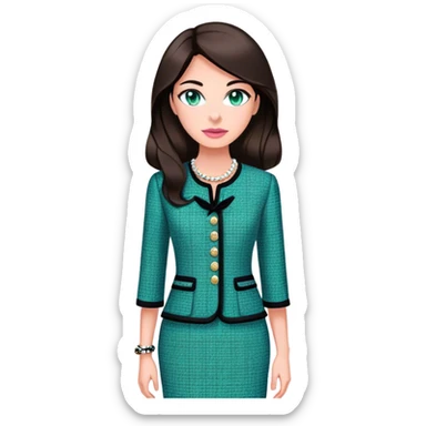 a 30 year old female venture capitalist with 50% greek and 50% american genes, 6 ft tall, long dark brown hair and blue/green eyes, wearing a chanel tweed professional dress - no collar, no tie, just a pink tweed chanel chic dress, dark tan skin sticker