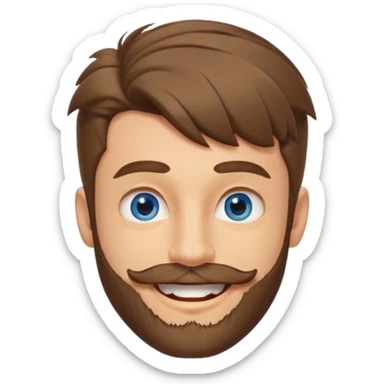 25 year old man, short scruffy beard and sparse moustache, brown puffy mullet, blue eyes, big smile, white teeth, big lips, pronounced jaw, hair longer in back, sticking up on top sticker