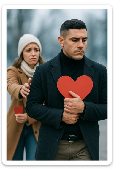 un uomo italiano in abiti casual si allontana da una donna che cerca di abbracciarlo. Lui stringe al petto un grande cuore rosso, mentre lei ne tiene uno più piccolo; entrambi hanno espressioni tristi, e la distanza emotiva è sottolineata da uno sfondo sfocato e freddo. sticker