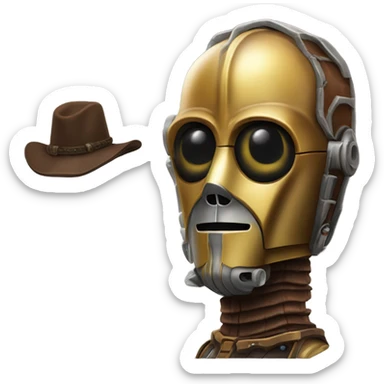 wild west Bounty hunter C3po wearing small hat relaxed pose bearded rusty sticker