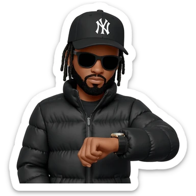 African American man with shoulder length black dreadlocks with black beard wearing black sunglasses wearing a black New York Yankees logo baseball cap wearing a black bubble winter coat wearing a wrist watch looking at the time on his wrist watch sticker