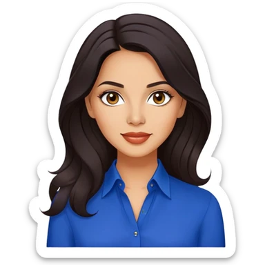 Lynette Torres, Puerto Rican actress with olive-tan complexion, beautiful facial features, bright expressive eyes, defined cheekbones, full lips with warm smile, long flowing dark hair, wearing a stylish blue blouse sticker