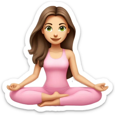 Brunette long hair and green eyes yoga beautiful girl in light pink pink pink clothes sitting on a yoga mat sticker