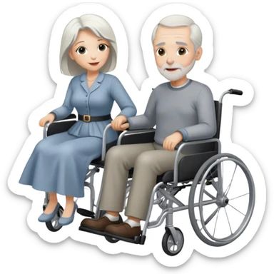 Older man pushing his wife in a wheelchair, he slightly balding with silver hair. She has long blonde hair and mini schnauzer is in her lap. sticker