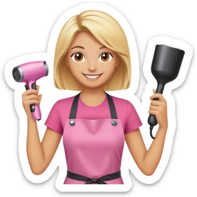 blonde female hairstylist smiling, pink t-shirt, orange apron, holding scissors and hairdryer with hands raised sticker
