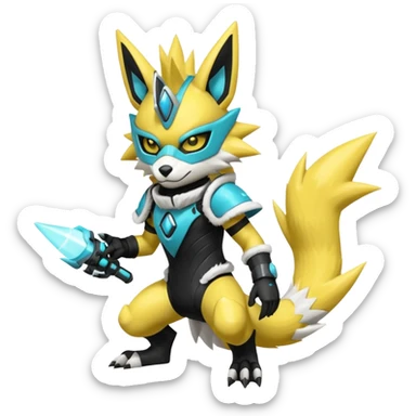 Shiny badass cool edgy spikey fluffy cyan yellow white electric complex futuristic Zeraora-Renamon-Electrike-Umbreon-Lombax-Weregarurumon-fusion-creature (full body) wearing a black cyber--helmet-mask sticker