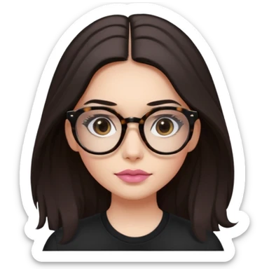The girl with dark long hair, with divided in the middle hairstyle, white skin, black eyes, wearing black shirt and tortoise framed glasses. The mounth is light old pink, with light smile with no teeth. sticker