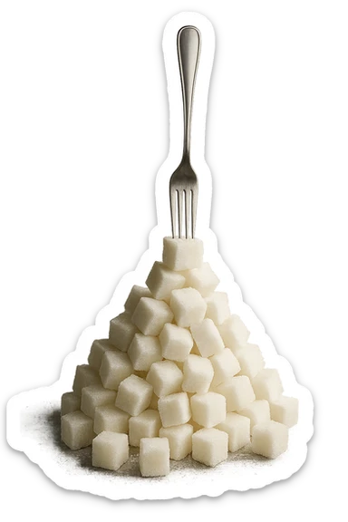 monagna di zollette di zucchero con una forchetta appizzata sopra, fluttuano in aria, iperrealistico 4k sticker