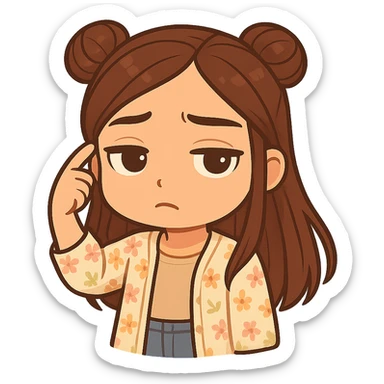 Create a chibi sticker of the girl from the reference image. She is twirling her finger at her temple with a tired, 'seriously?' look (not angry). She has brown straight hair styled in double buns, brown eyes, wearing a pastel floral cardigan and jeans. The sticker should have a white outline and a transparent background, sized 512x512px. sticker