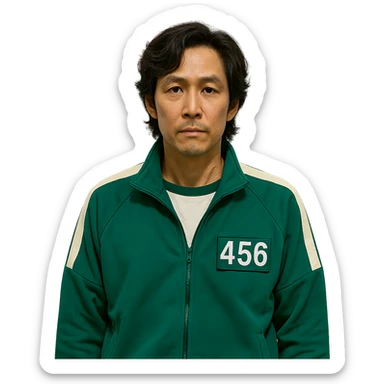 Squid Game series, main character in green tracksuit, number 456, neutral expression sticker