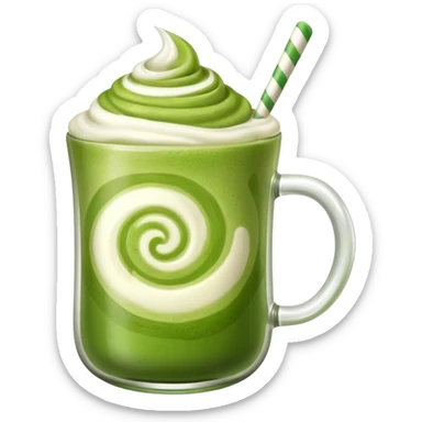 a glass mug of matcha latte with a swirl of foam sticker