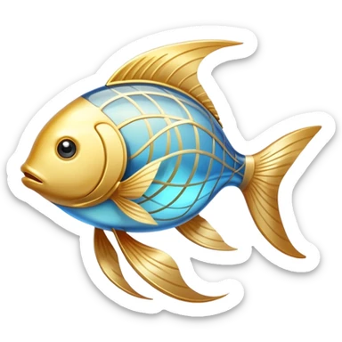 Luminous golden fish icon with flowing lines, stylized as an omega-3 symbol. The fish has a metallic gold appearance with gentle light emanating from within, creating a magical, ethereal quality against a subtle blue glow. sticker