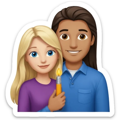 blonde hair blue eyes woman embracing a taller man who has brown skin and dark hair more like the first one make the man taller and the woman have long hair and both smiling give the man lighter brown skin sticker