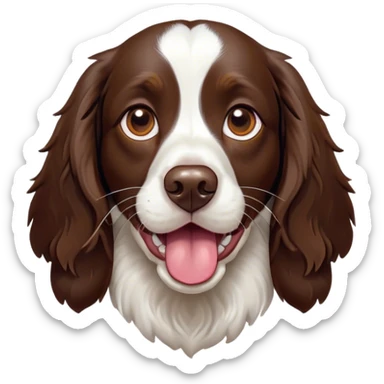 Cinematic Comical Springer Spaniel Portrait Emoji, Head tilted dramatically with an exaggeratedly amused expression, featuring a striking liver and white Fur with dynamic patterns, wide, expressive brown eyes filled with playful disbelief, Simplified yet hilariously expressive features, highly detailed, glowing with a slightly sassy glow, high shine, dramatic yet playful, stylized with an air of cheeky mischief, bright and endearing, soft glowing outline, capturing the essence of a spirited and over-the-top companion, so meme-worthy it feels like it could side-eye its way into internet fame instantly! sticker