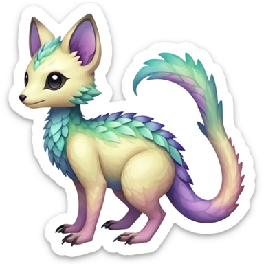 Rare realistic exotic pastel iridescent cute epic pretty beautiful handsome gorgeous aesthetic colorful vibrant Vernid-Trico-species-Fakemon-creature by LiLaiRa, 4 legs, 1 tail, random markings, (full body) sticker