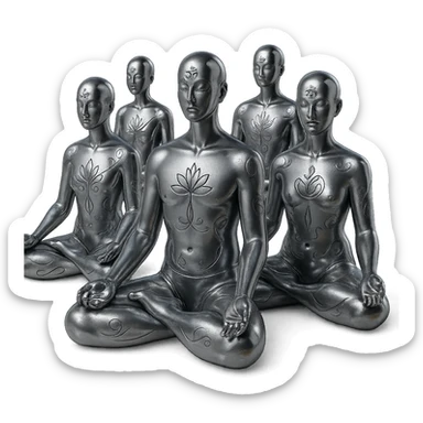a group of reflective chrome silhouettes, men and women, in the lotus position meditating sticker