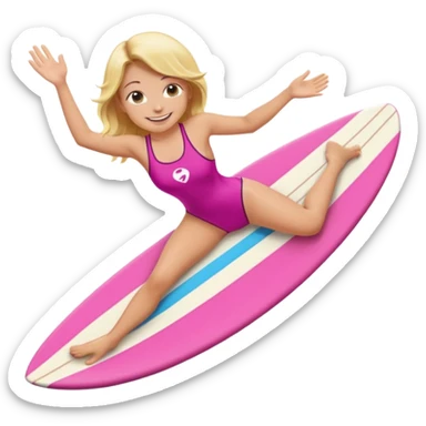 surf girl on a board in a pink one-piece swimsuit, smiling, simple emoji style sticker