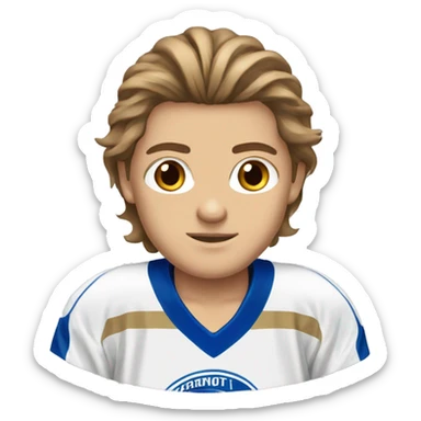 tan boy brown long flow hair blue eyes hockey jersey sticker