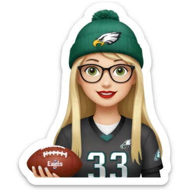 full length women wearing eagles uniform, long straight blonde hair, straight bangs, green eyes, black rectangle glasses, holding football, number 33, smiling, lipstick, eagles beanie sticker