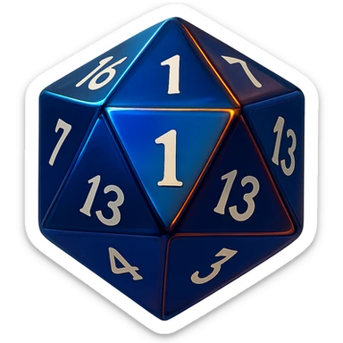 Rotate the D20 dice so the side facing the viewer shows the number 1. Keep the modern, sleek design with vibrant colors and a glossy finish. No background. sticker