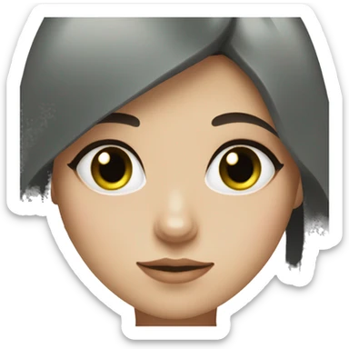 Girl with blu-green eyes and dark brown hair with a black cat sticker