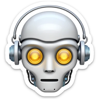 Emoji stylisé d'un cerveau robotique avec un circuit imprimé visible et un petit halo lumineux au-dessus, fond blanc sticker