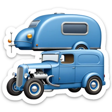 A rat rod 1934 hot rod caravan pulling a large matching trailer, blue and pearl  sticker