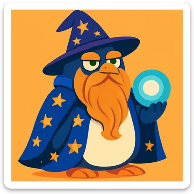chubby penguin wizard with a long beard, starry cloak, and a glowing orb, looking wise and mystical sticker