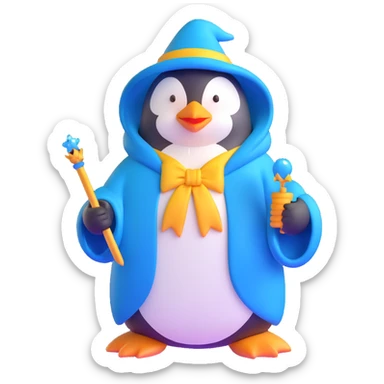 penguin wizard with a blue robe and sparkly wand sticker
