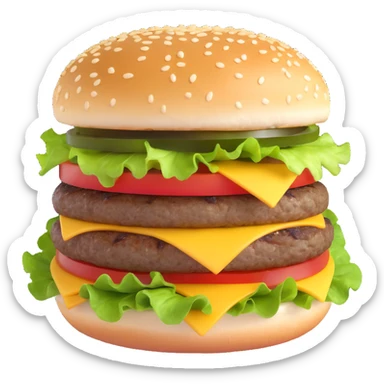 hamburger with sesame seed bun, lettuce, tomato, cheese, and patty sticker