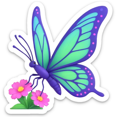 elegant fantastical butterfly with luminous #c0ff53 green wings, purple trim, intricate veins, magical sparkles and floating particles, deep blue body, pink flowers on wing edges, 3D cartoon style sticker