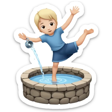 Create a clean emoji-style icon showing a small child falling into a round stone water well. The well must be clearly recognizable: circular stone rim, dark opening. Show the child mid-air, tilted downward above the well with simple motion lines. sticker