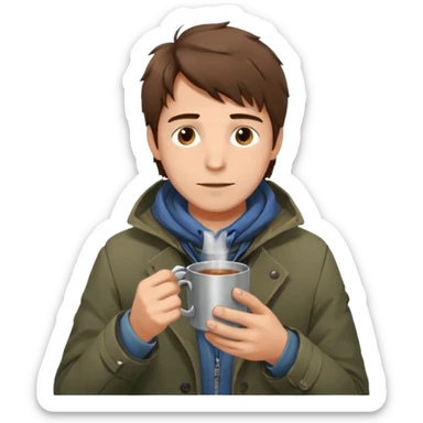 A gentle-looking man with messy hair and layered torn jackets, warming his hands over a small tin cup of hot drink.
 sticker